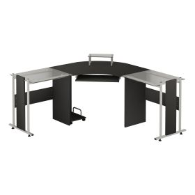 69" L Shaped Corner Computer Desk, with Elevated Monitor Stand, Rolling CPU Holder, Pull Out Keyboard Tray Glass Top, Black