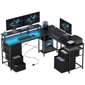 66" Reversible L Shaped Computer Desk, Corner Desk with File Drawer, Power Outlets and LED Lights, Distressed Black