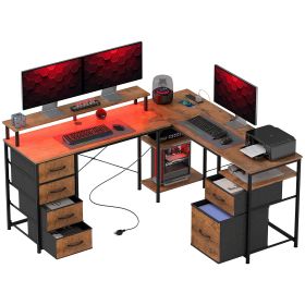 66" Reversible L Shaped Computer Desk, Corner Desk with File Drawer, Power Outlets and LED Lights, Rustic Brown