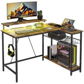 Reversible L Shaped Computer Desk with Lights, Power Outlet, USB Ports, Corner Desk with Storage for Home Office, Brown