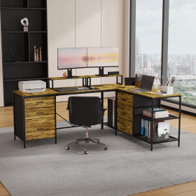 114" L-shaped Desk with Power Hub, Industrial Gaming Desk - 6 Drawers, Removable Monitor Stand, Rustic Brown Home Office