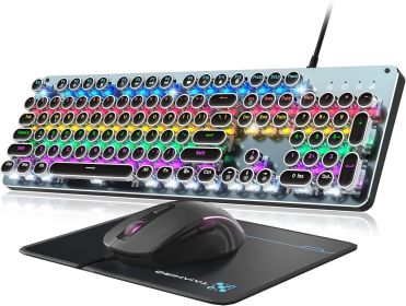 Typewriter Style Mechanical Gaming Keyboard Blue Switch, Rainbow LED Backlit Wired Computer Keyboards Mouse and Pad Combo