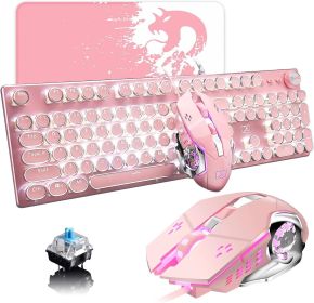 Pink Typewriter Keyboard and Mouse, Retro Vintage Mechanical Gaming Keyboard with White LED Backlit