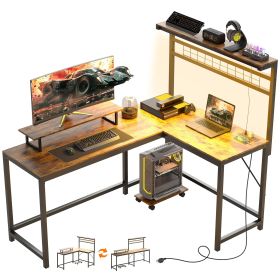 61.6" L Shaped Gaming Desk with Power Outlets & LED Lights, Computer Desk with Monitor Stand and CPU Shelf, Rustic Brown