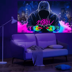 2D Flat - 2D Flat Fluorescent Tapestry | Mysterious Man Game Controller Print, Room Decor Wall Hanging for Bedroom, Living Room (size: 90*60in)